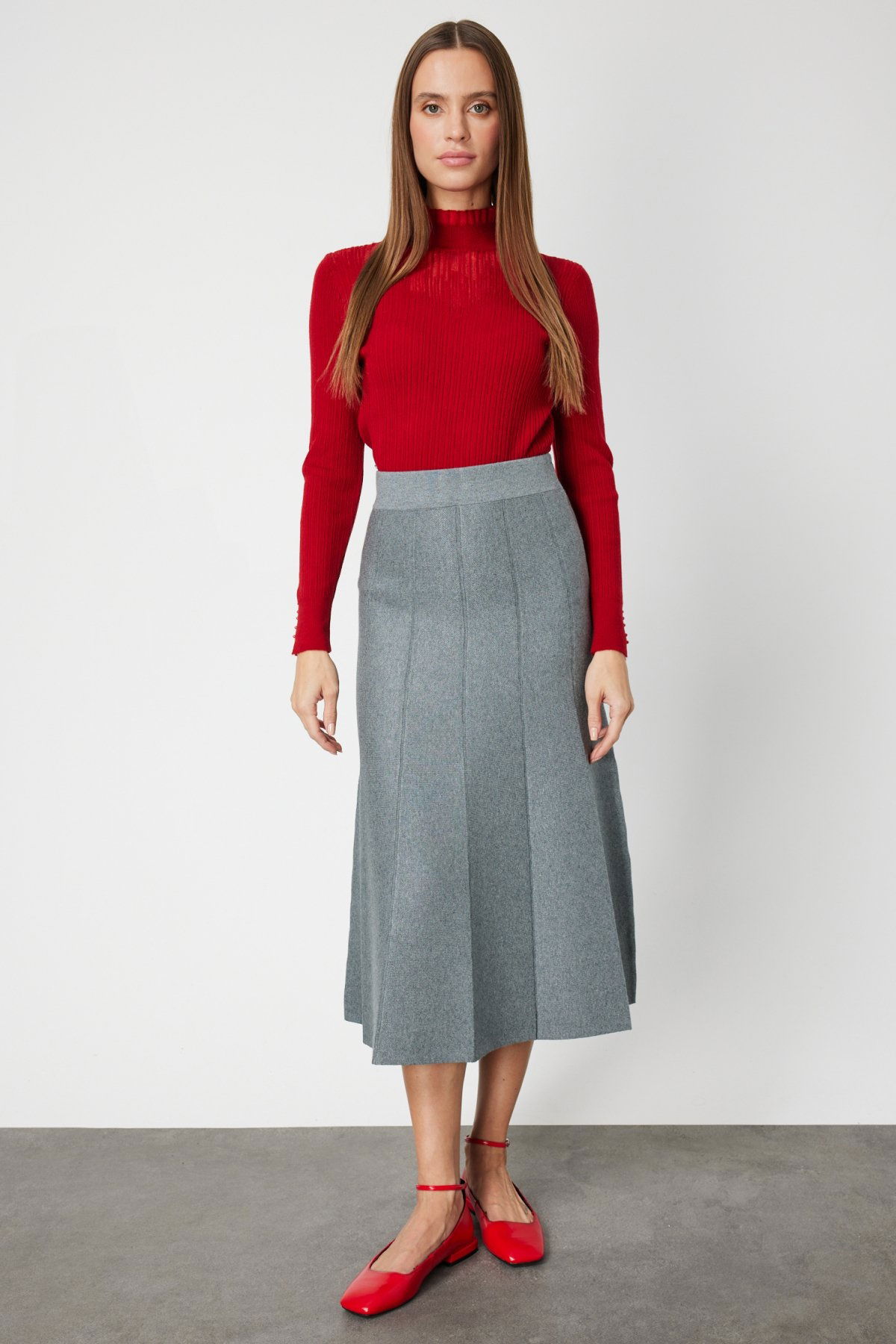 On Kadın Pileli Midi Triko Etek 65210 Gri - 1