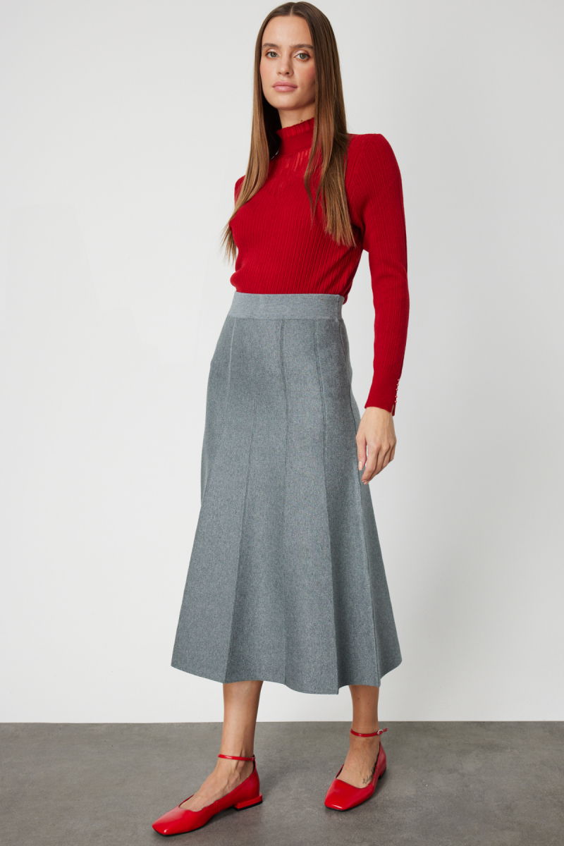 On Kadın Pileli Midi Triko Etek 65210 Gri - 2