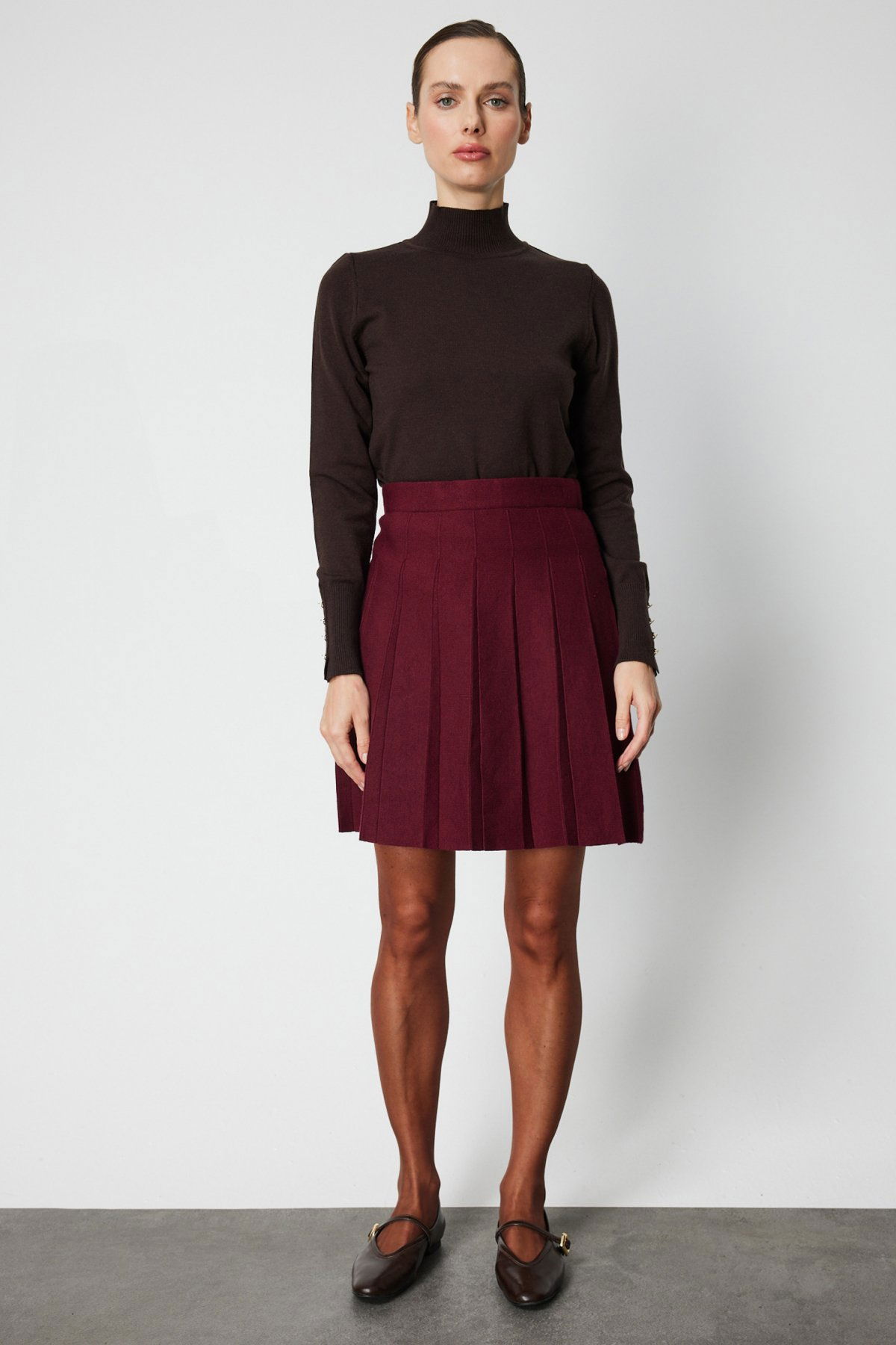 On Kadın Pileli Mini Triko Etek 69202 Bordo - 2