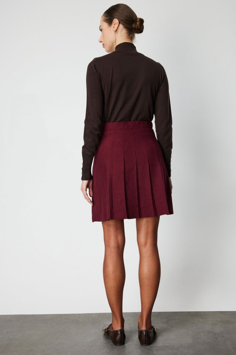 On Kadın Pileli Mini Triko Etek 69202 Bordo - 4