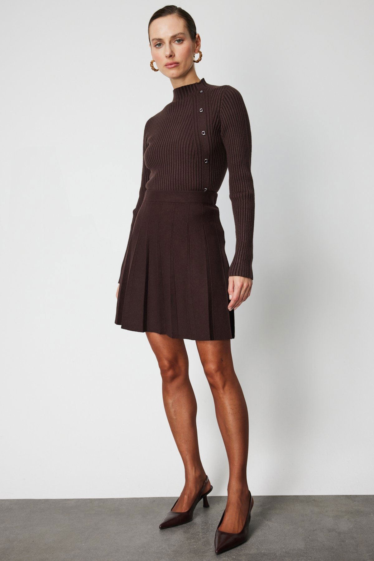 On Kadın Pileli Mini Triko Etek 69202 Kahverengi - 2