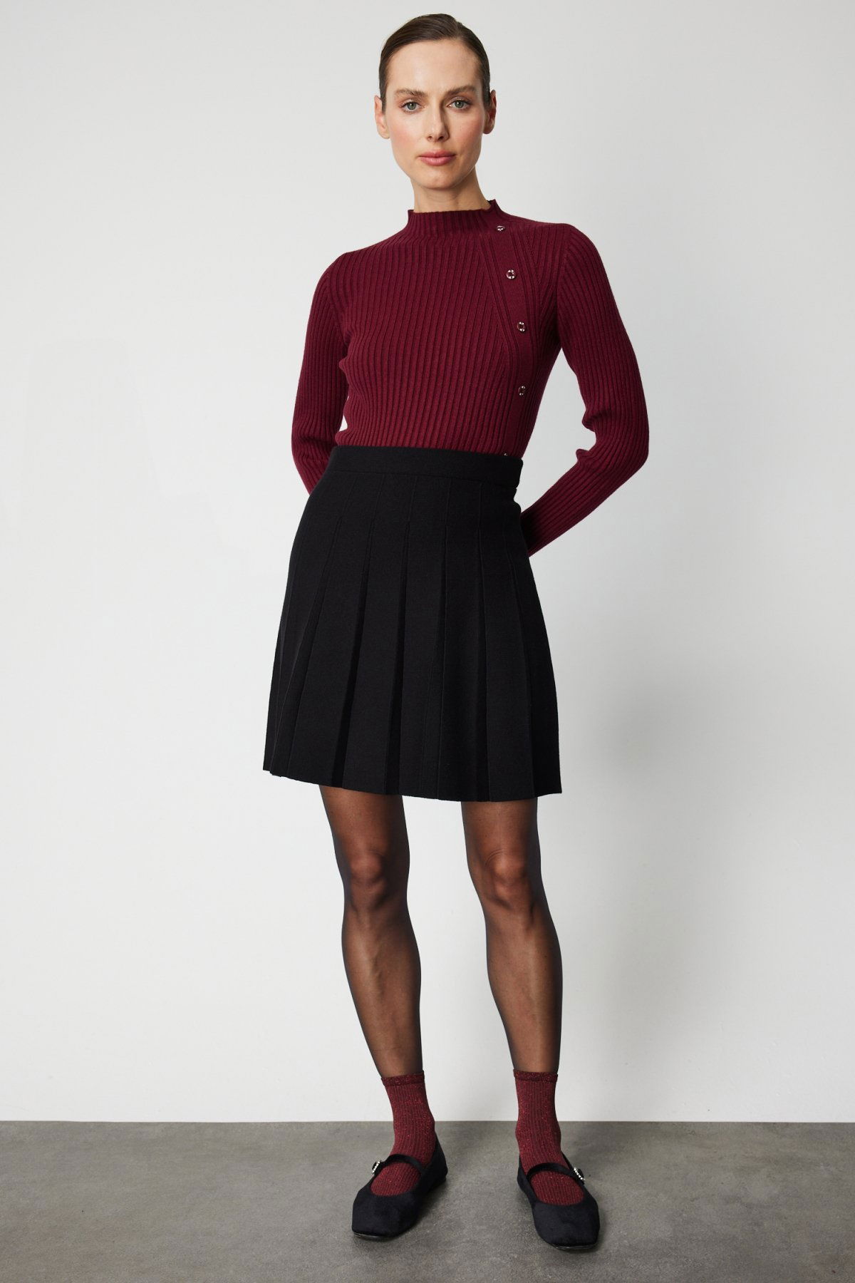 On Kadın Pileli Mini Triko Etek 69202 Siyah - 2