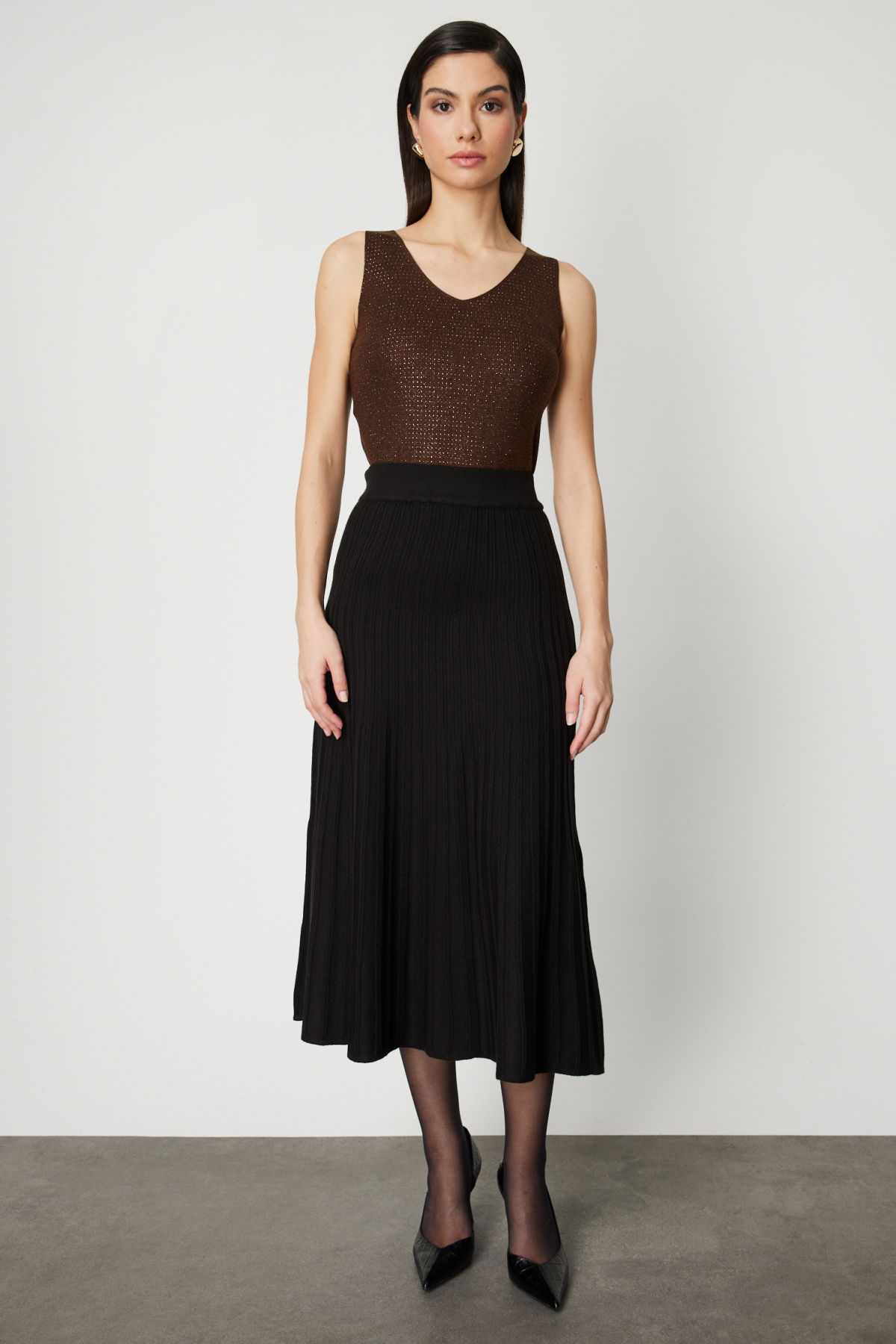 On Kadın Piliseli Midi Boy Triko Etek 65212 Siyah - 1