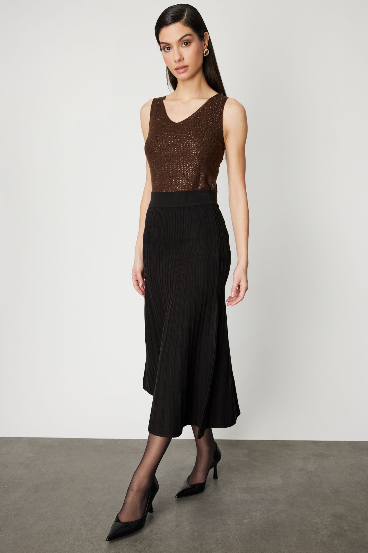 On Kadın Piliseli Midi Boy Triko Etek 65212 Siyah - 2