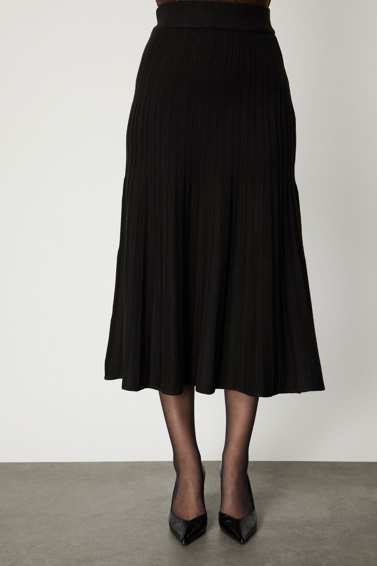 On Kadın Piliseli Midi Boy Triko Etek 65212 Siyah - 3