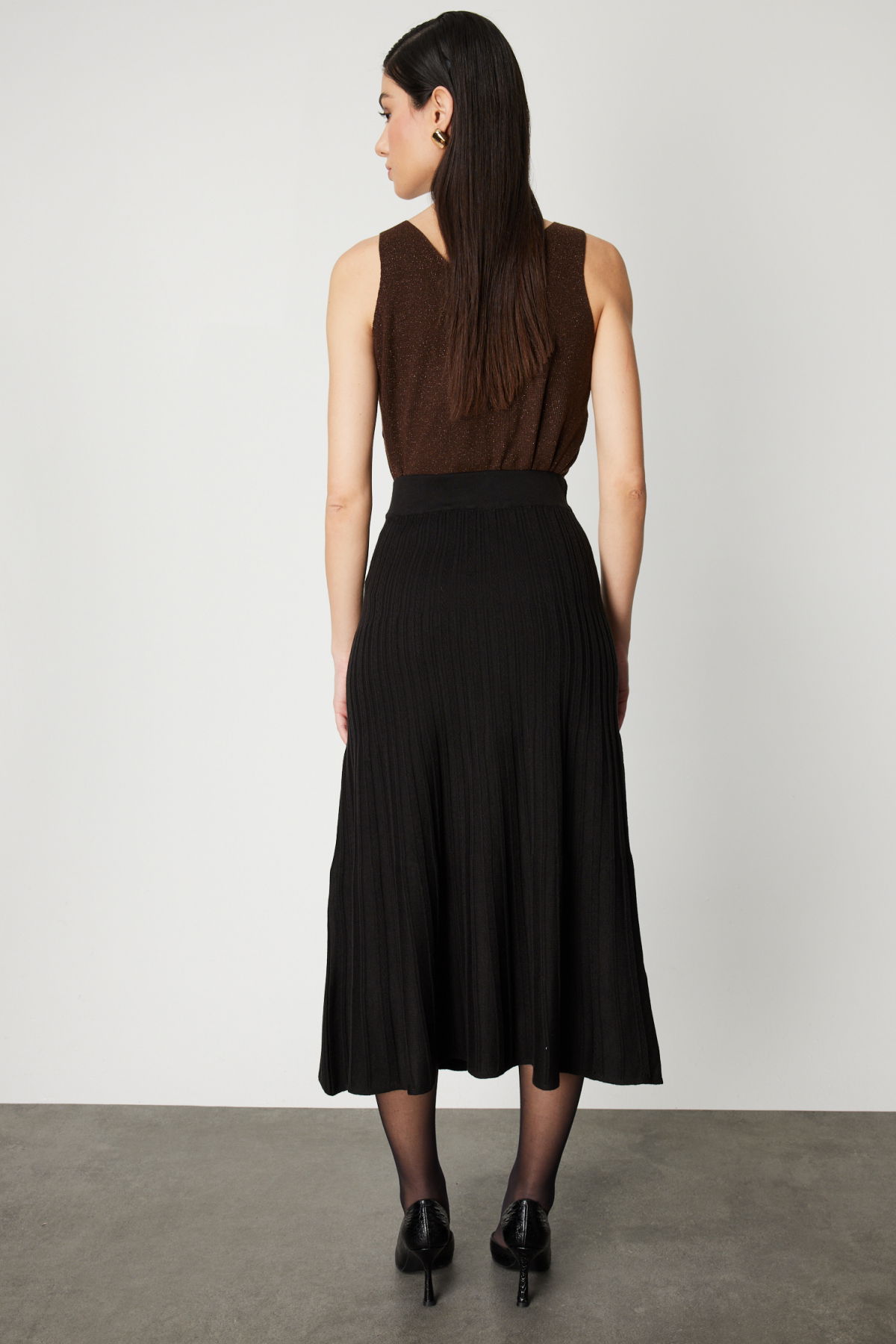 On Kadın Piliseli Midi Boy Triko Etek 65212 Siyah - 4