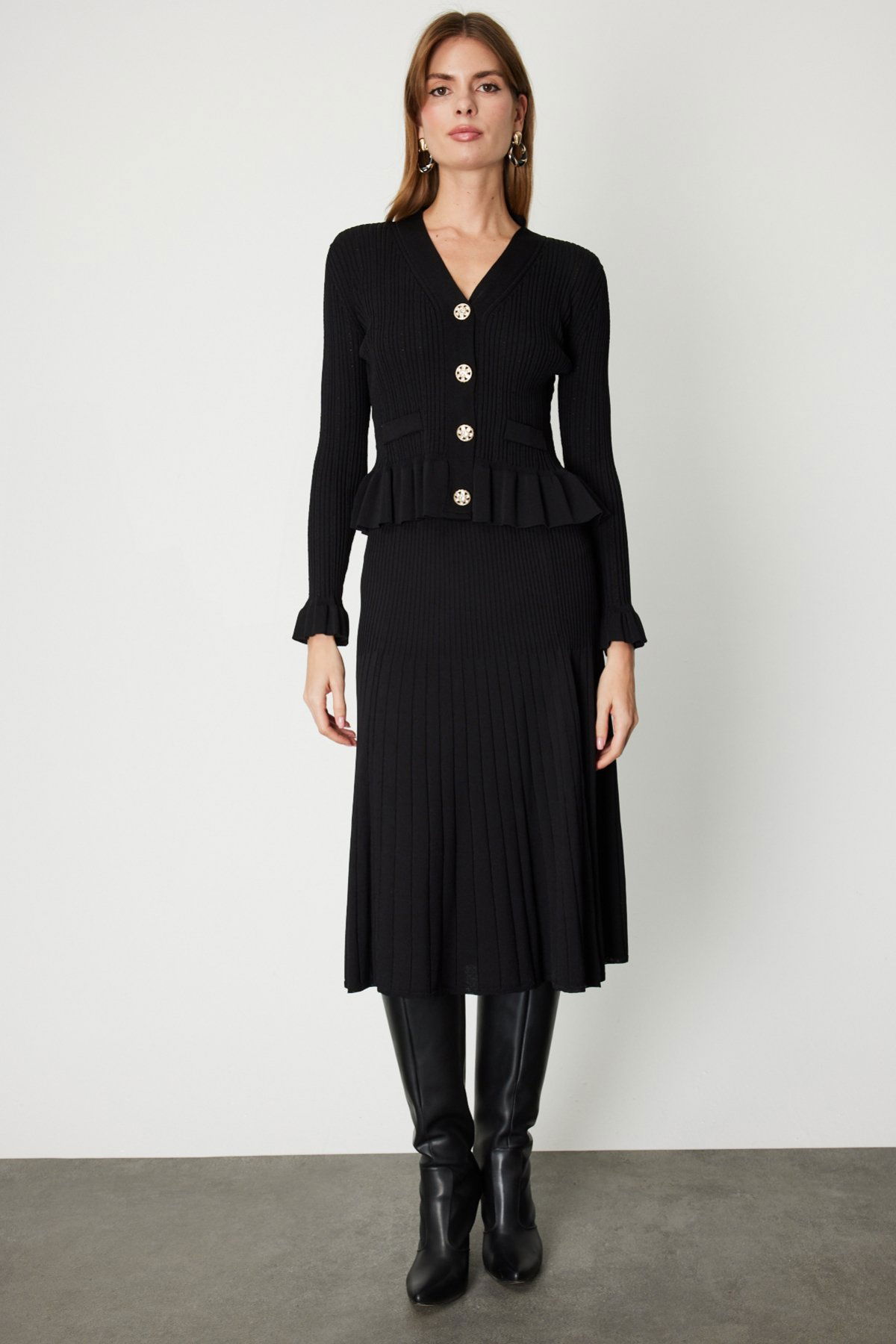 On Kadın Piliseli Midi Triko Etek 69201 Siyah - 1