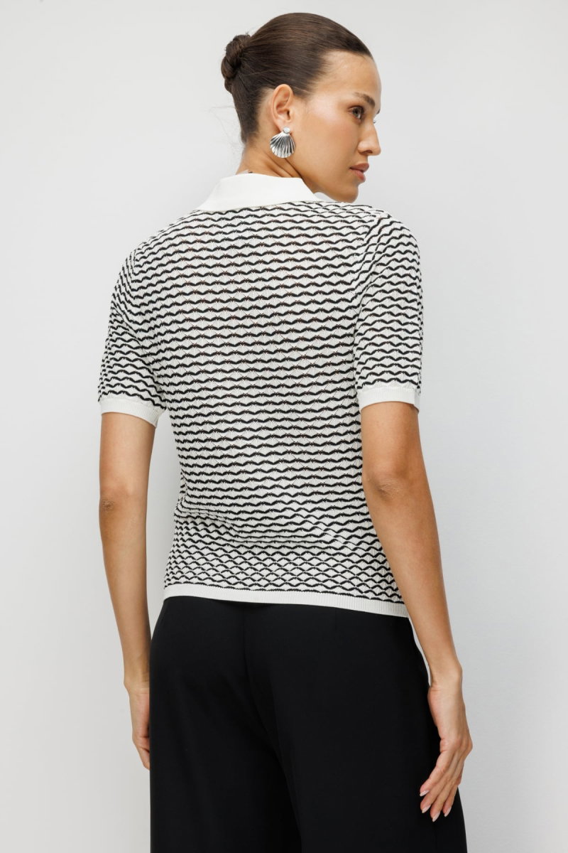 On Kadın Polo Yaka Desenli Bluz 70467 Beyaz - 5