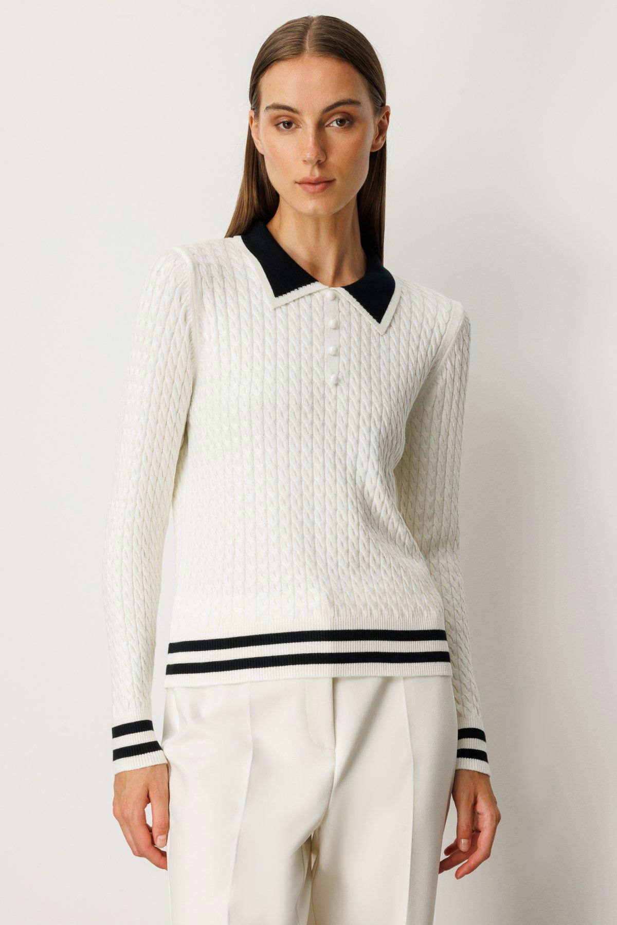 On Kadın Polo Yaka Örgü Desenli Triko Kazak 65332 Ekru - 1