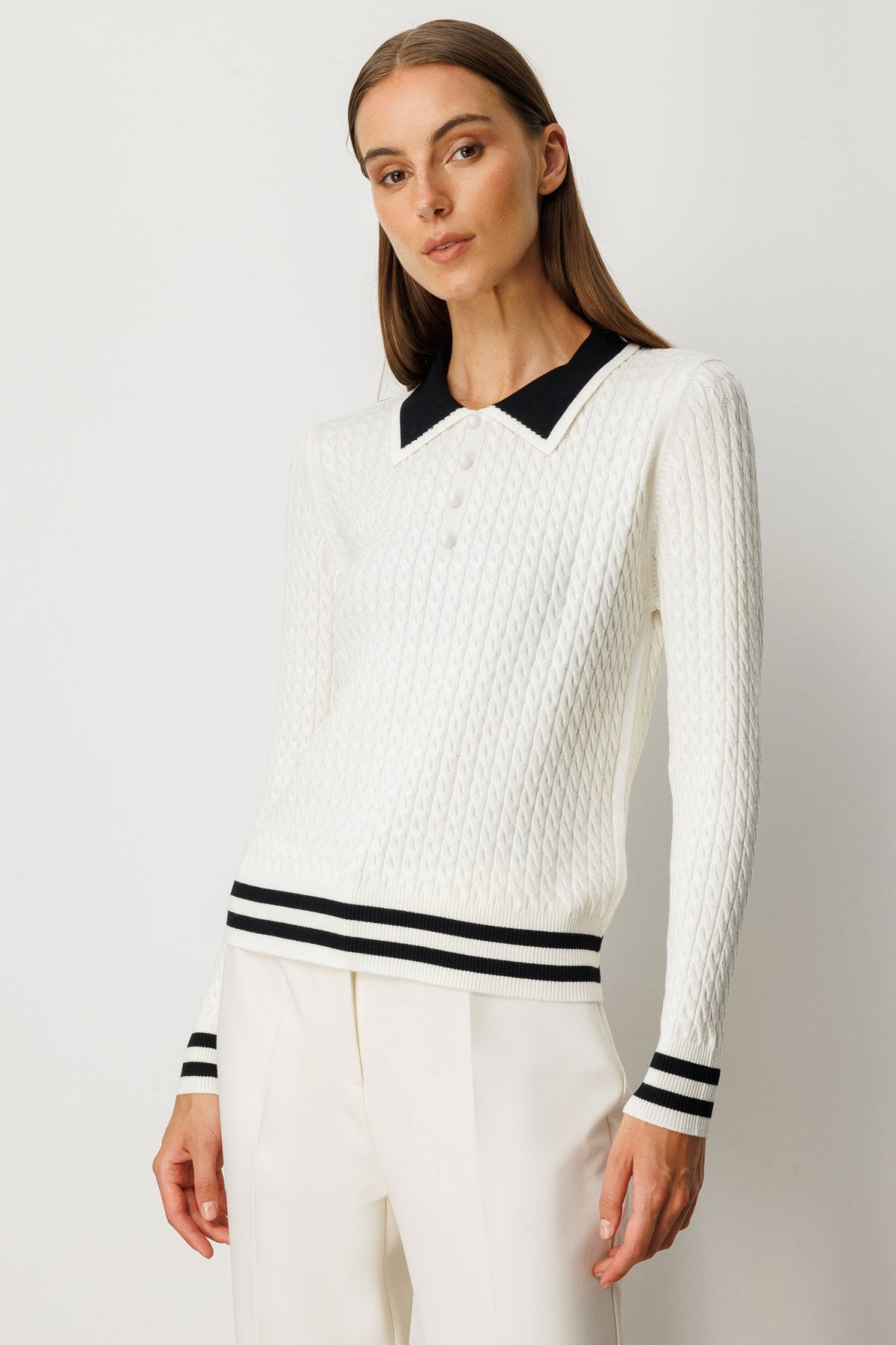On Kadın Polo Yaka Örgü Desenli Triko Kazak 65332 Ekru - 2