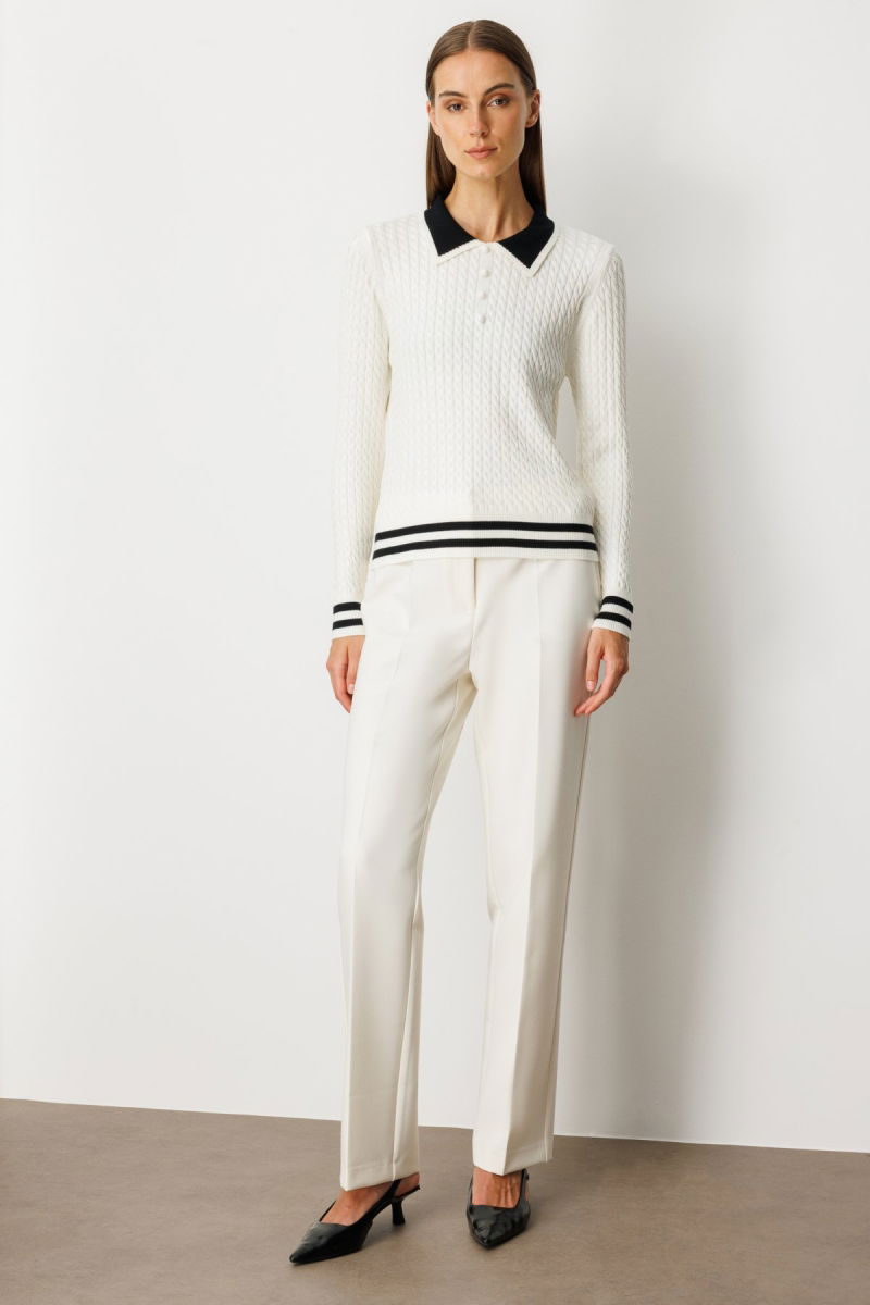 On Kadın Polo Yaka Örgü Desenli Triko Kazak 65332 Ekru - 3