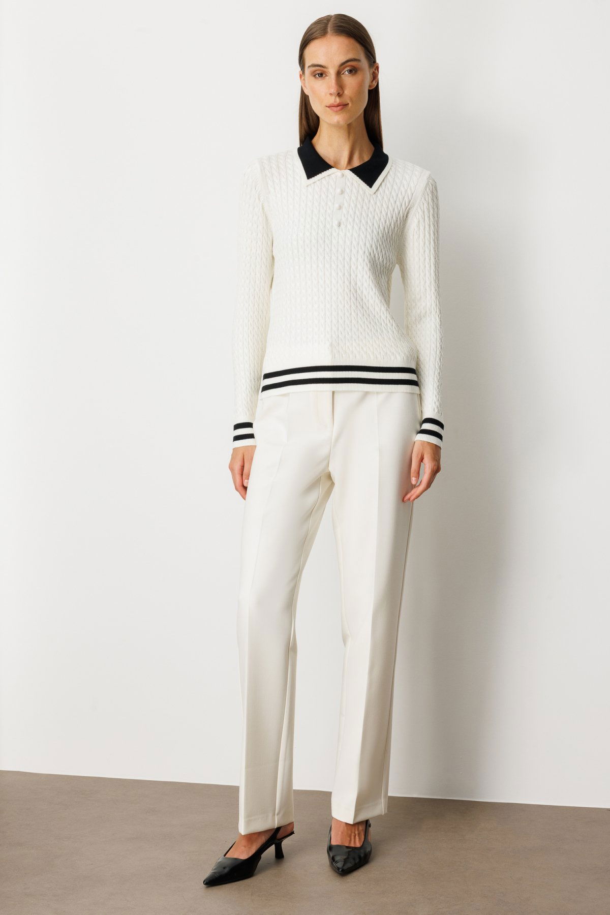 On Kadın Polo Yaka Örgü Desenli Triko Kazak 65332 Ekru - 3