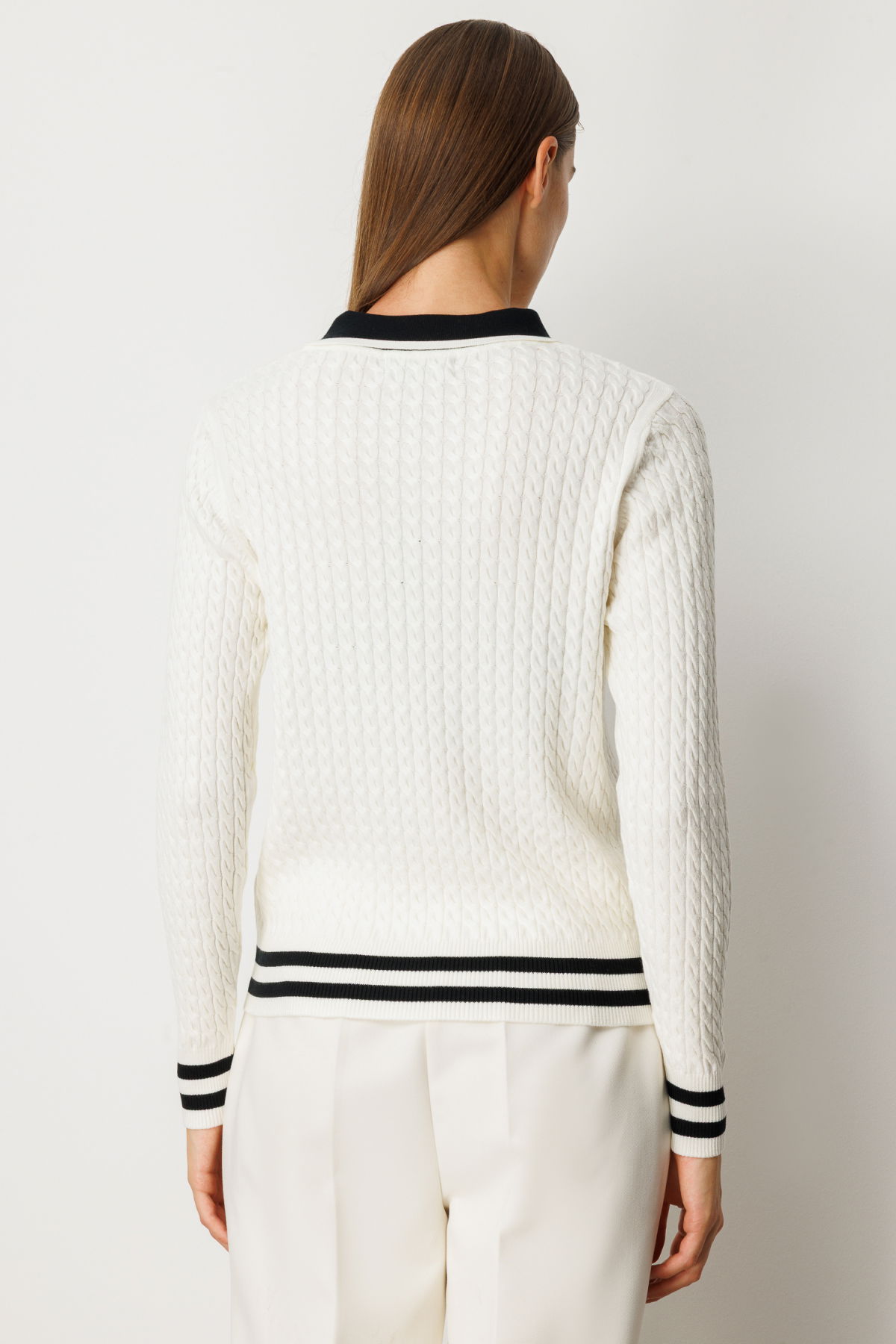 On Kadın Polo Yaka Örgü Desenli Triko Kazak 65332 Ekru - 4
