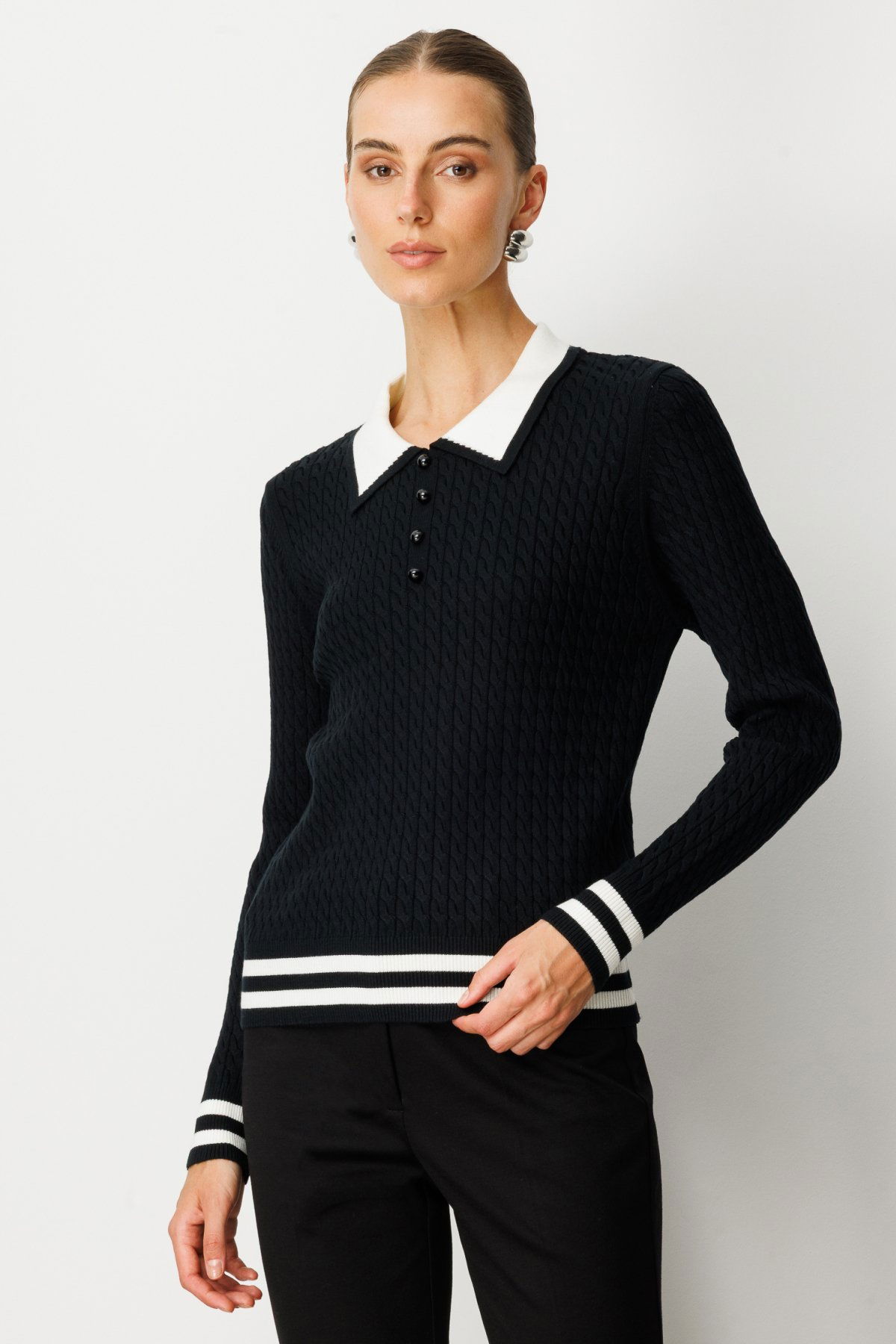 On Kadın Polo Yaka Örgü Desenli Triko Kazak 65332 Siyah - 1