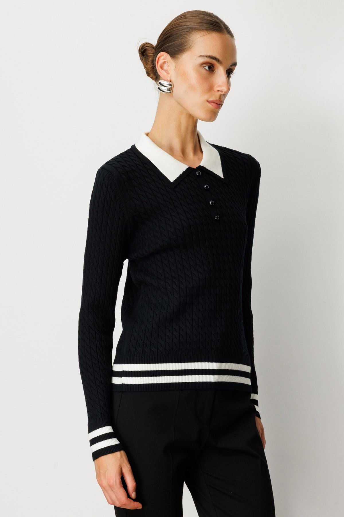 On Kadın Polo Yaka Örgü Desenli Triko Kazak 65332 Siyah - 2