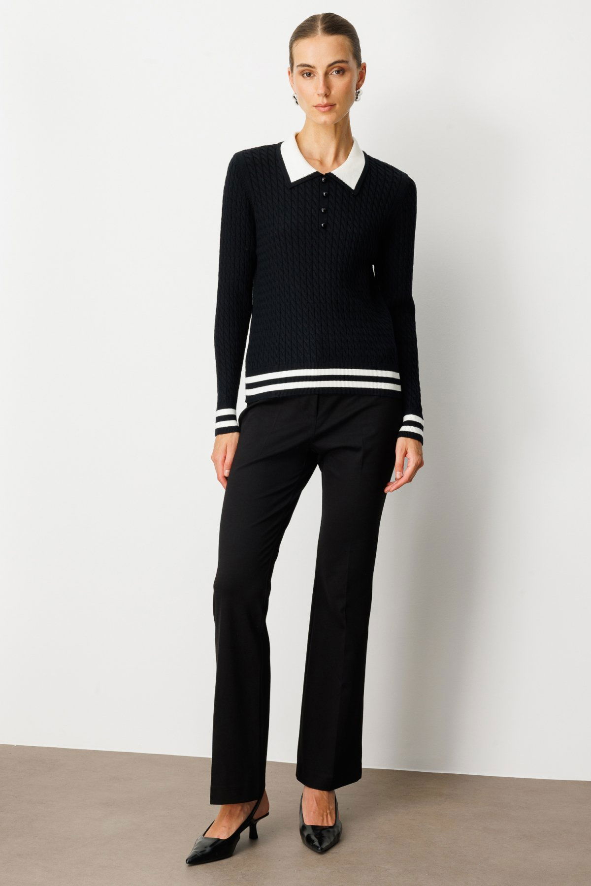 On Kadın Polo Yaka Örgü Desenli Triko Kazak 65332 Siyah - 3