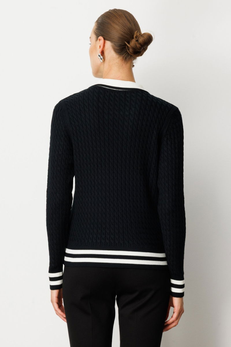 On Kadın Polo Yaka Örgü Desenli Triko Kazak 65332 Siyah - 4