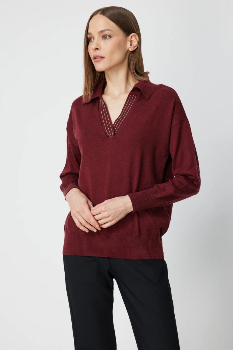 On Kadın Polo Yaka Zincir Detaylı Triko Kazak 66336 Bordo - 2