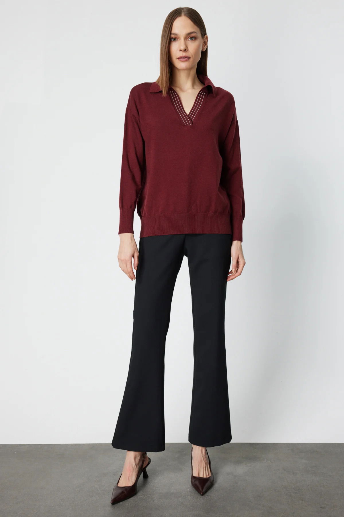 On Kadın Polo Yaka Zincir Detaylı Triko Kazak 66336 Bordo - 3