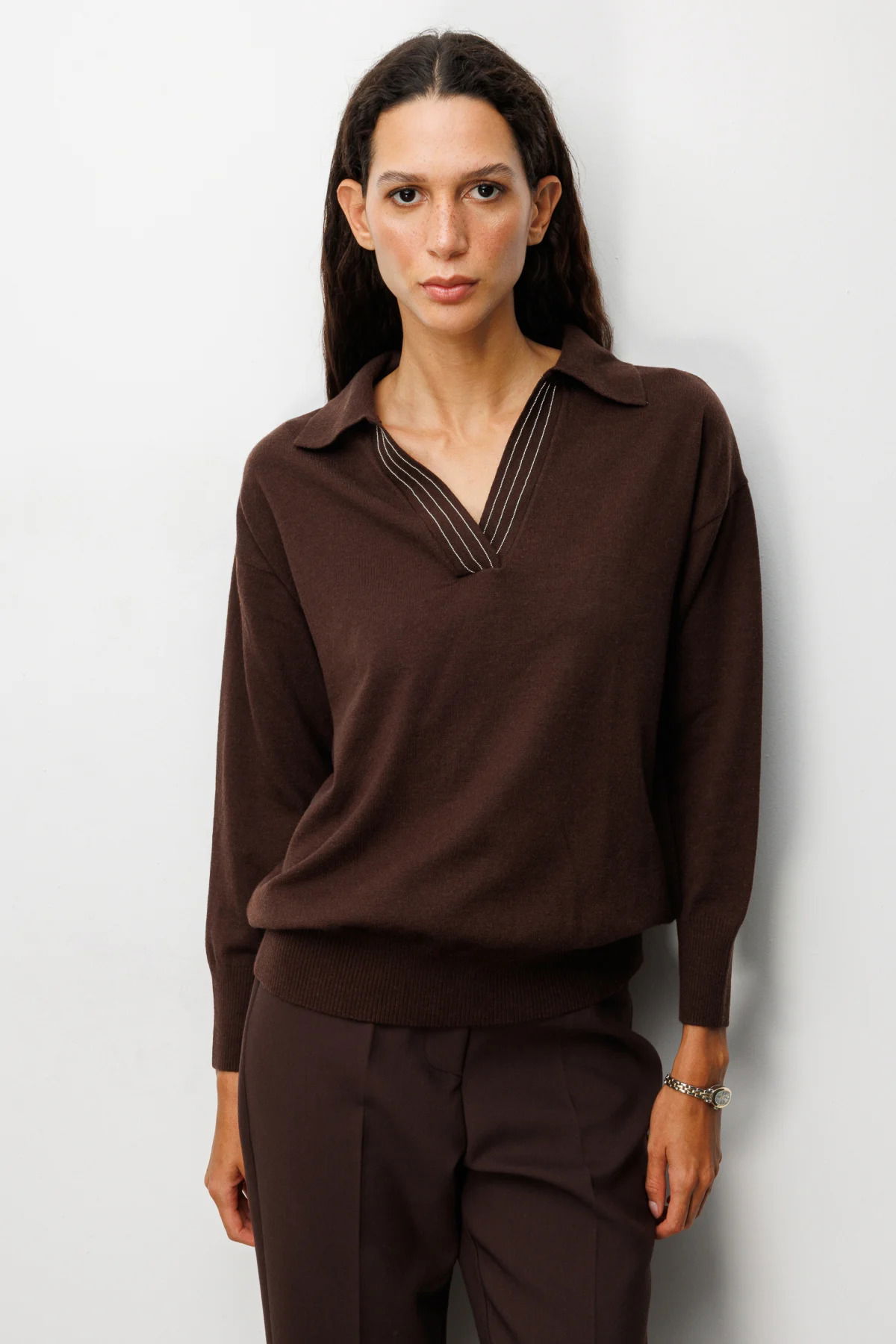 On Kadın Polo Yaka Zincir Detaylı Triko Kazak 66336 Kahverengi - 1