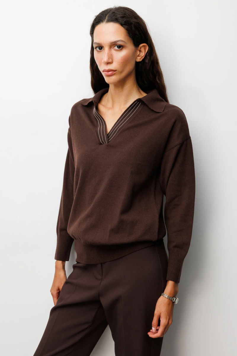 On Kadın Polo Yaka Zincir Detaylı Triko Kazak 66336 Kahverengi - 2