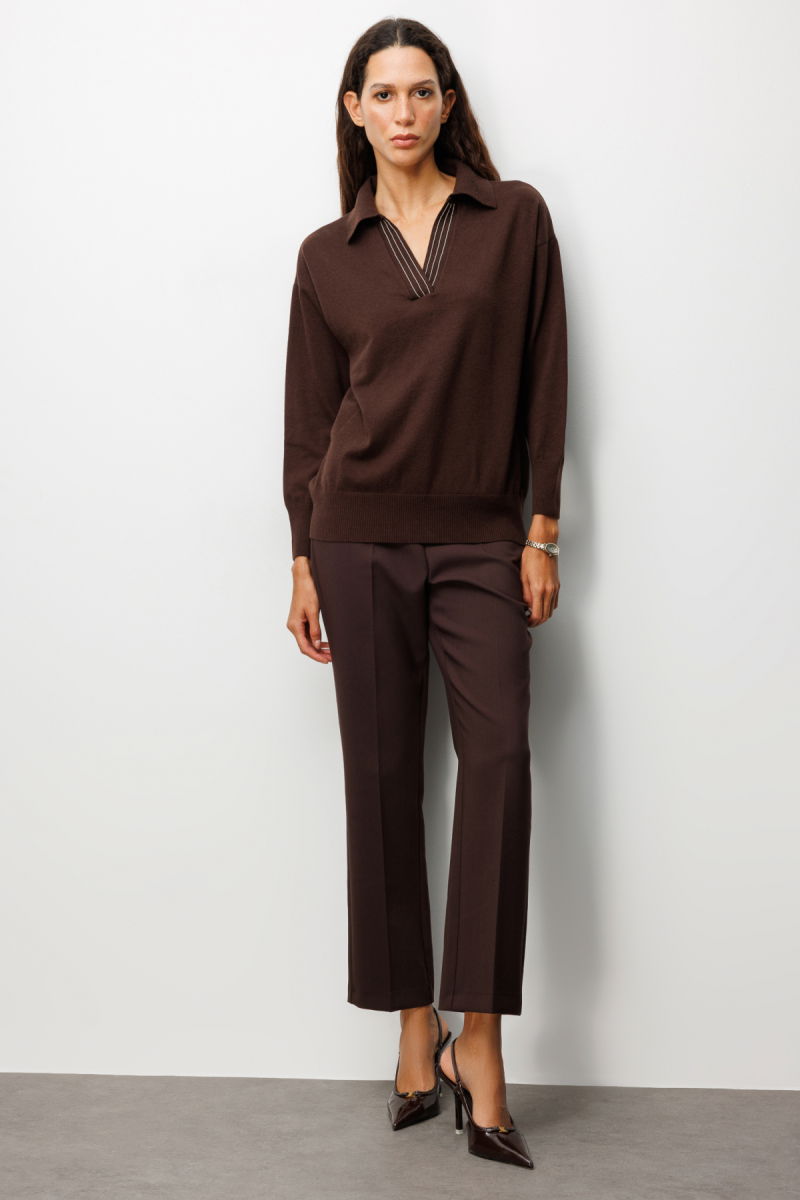 On Kadın Polo Yaka Zincir Detaylı Triko Kazak 66336 Kahverengi - 3