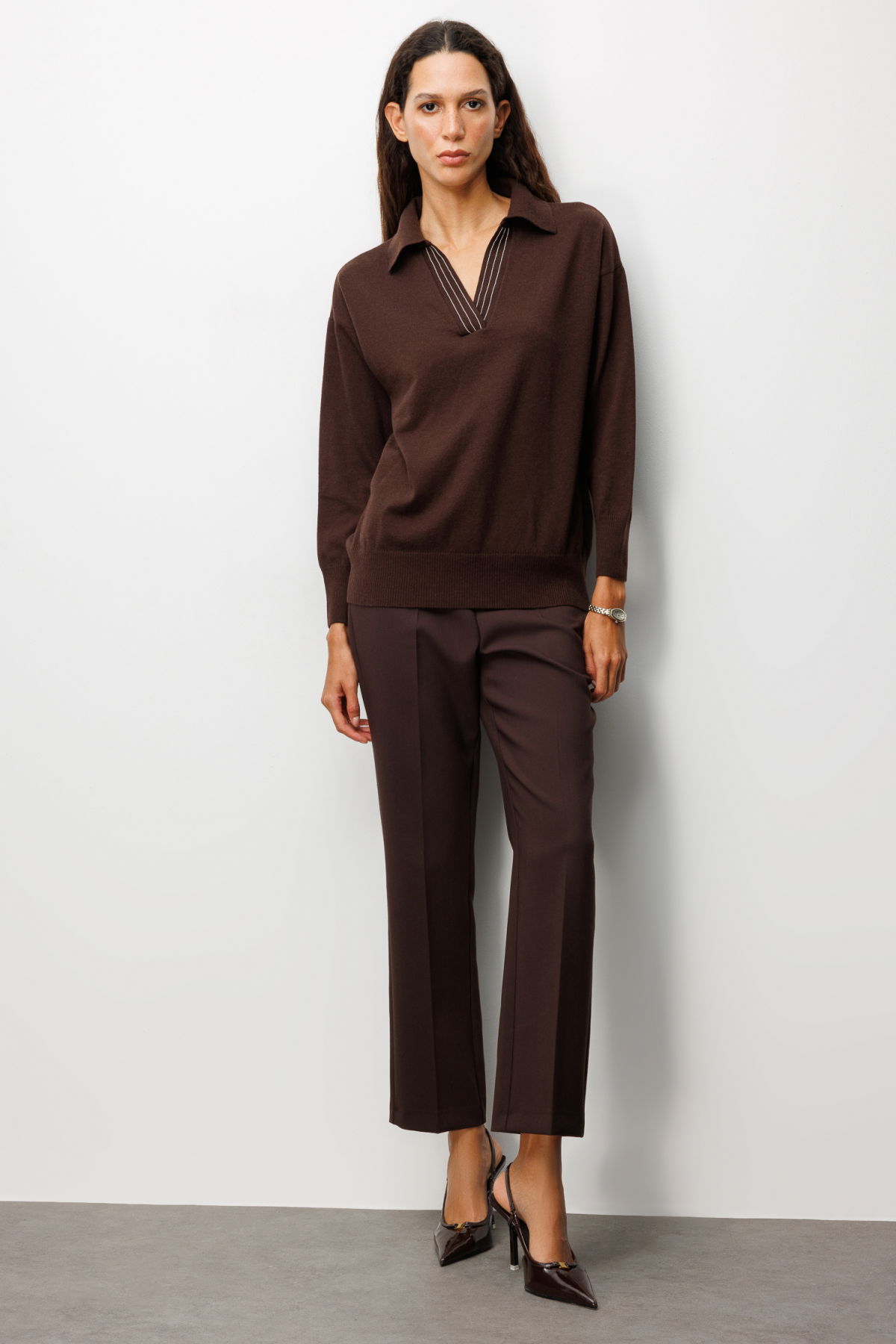 On Kadın Polo Yaka Zincir Detaylı Triko Kazak 66336 Kahverengi - 3