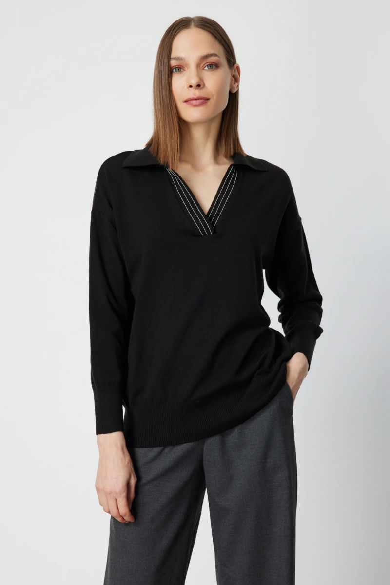 On Kadın Polo Yaka Zincir Detaylı Triko Kazak 66336 Siyah - On