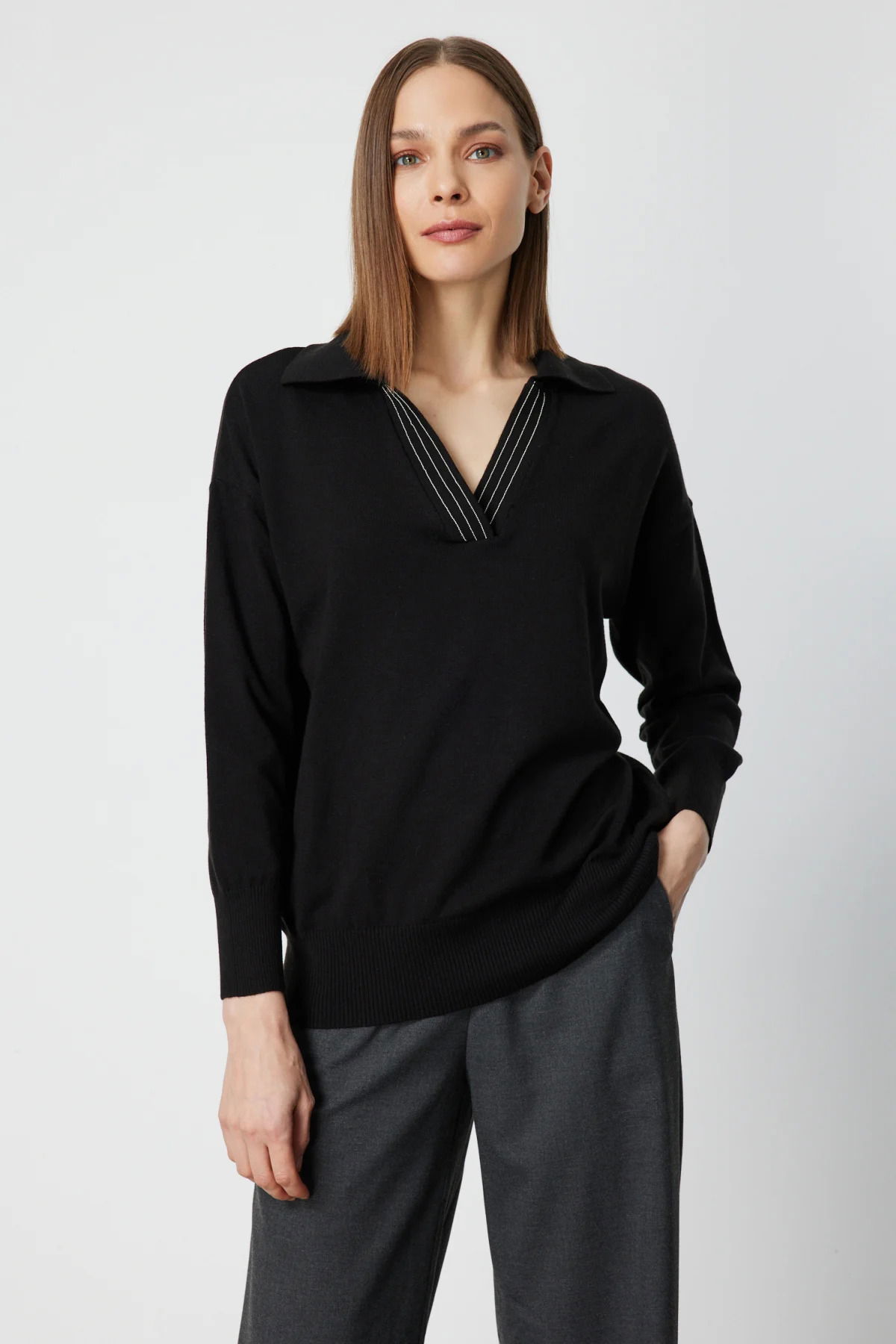 On Kadın Polo Yaka Zincir Detaylı Triko Kazak 66336 Siyah - 1