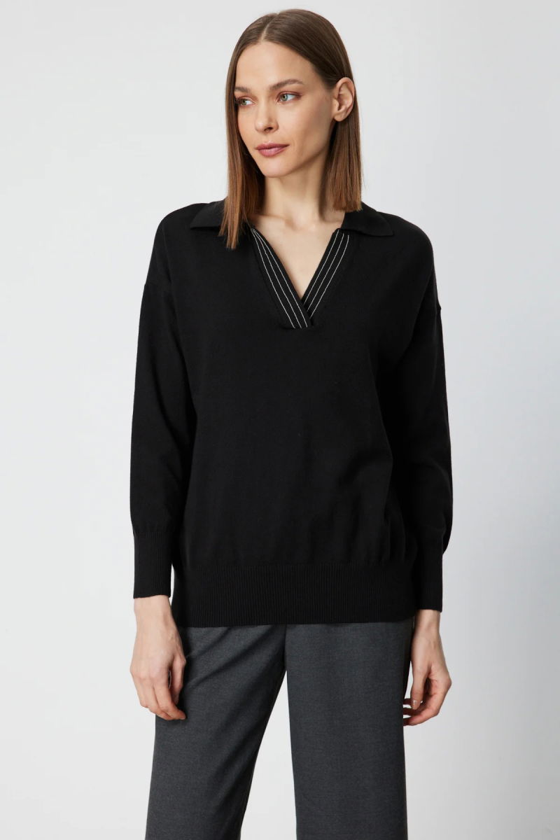 On Kadın Polo Yaka Zincir Detaylı Triko Kazak 66336 Siyah - 2