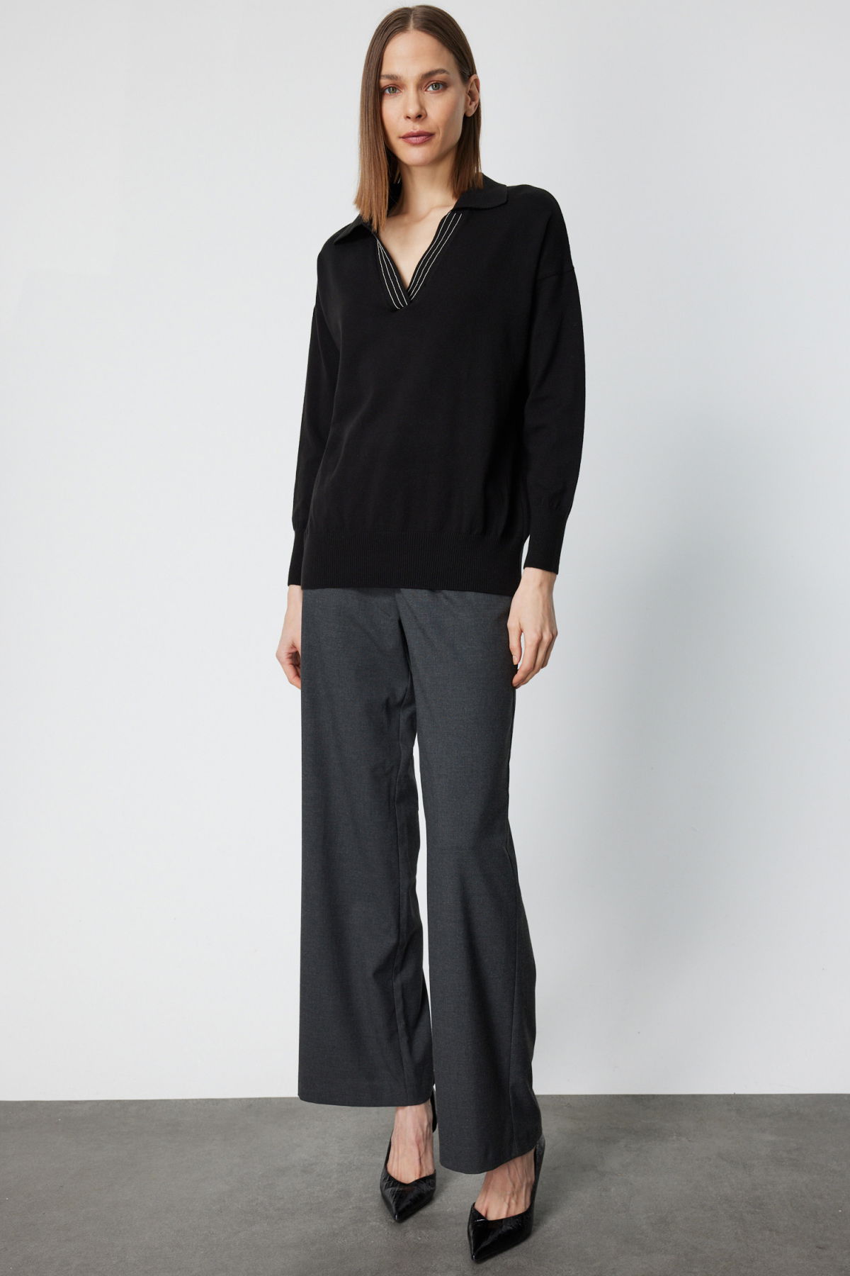 On Kadın Polo Yaka Zincir Detaylı Triko Kazak 66336 Siyah - 3