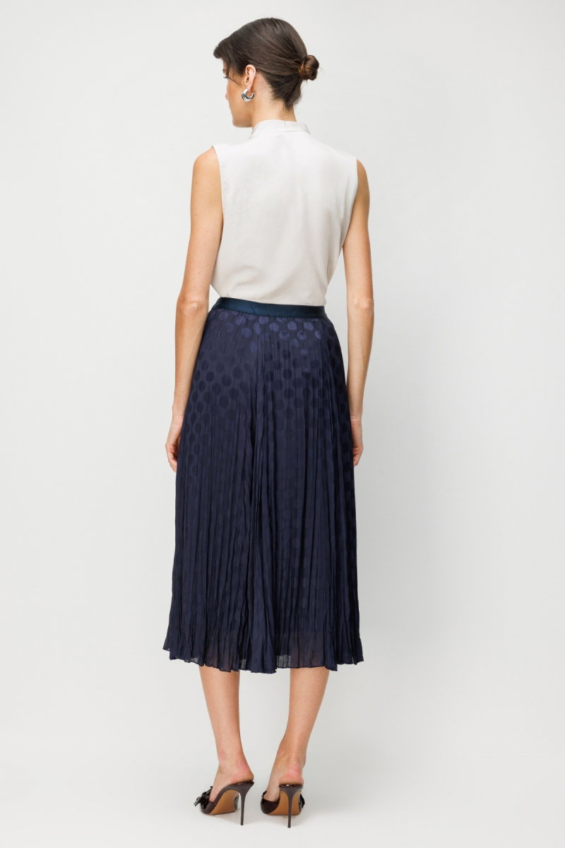 On Kadın Puantiye Desenli Piliseli Midi Etek 74241 Lacivert - 4