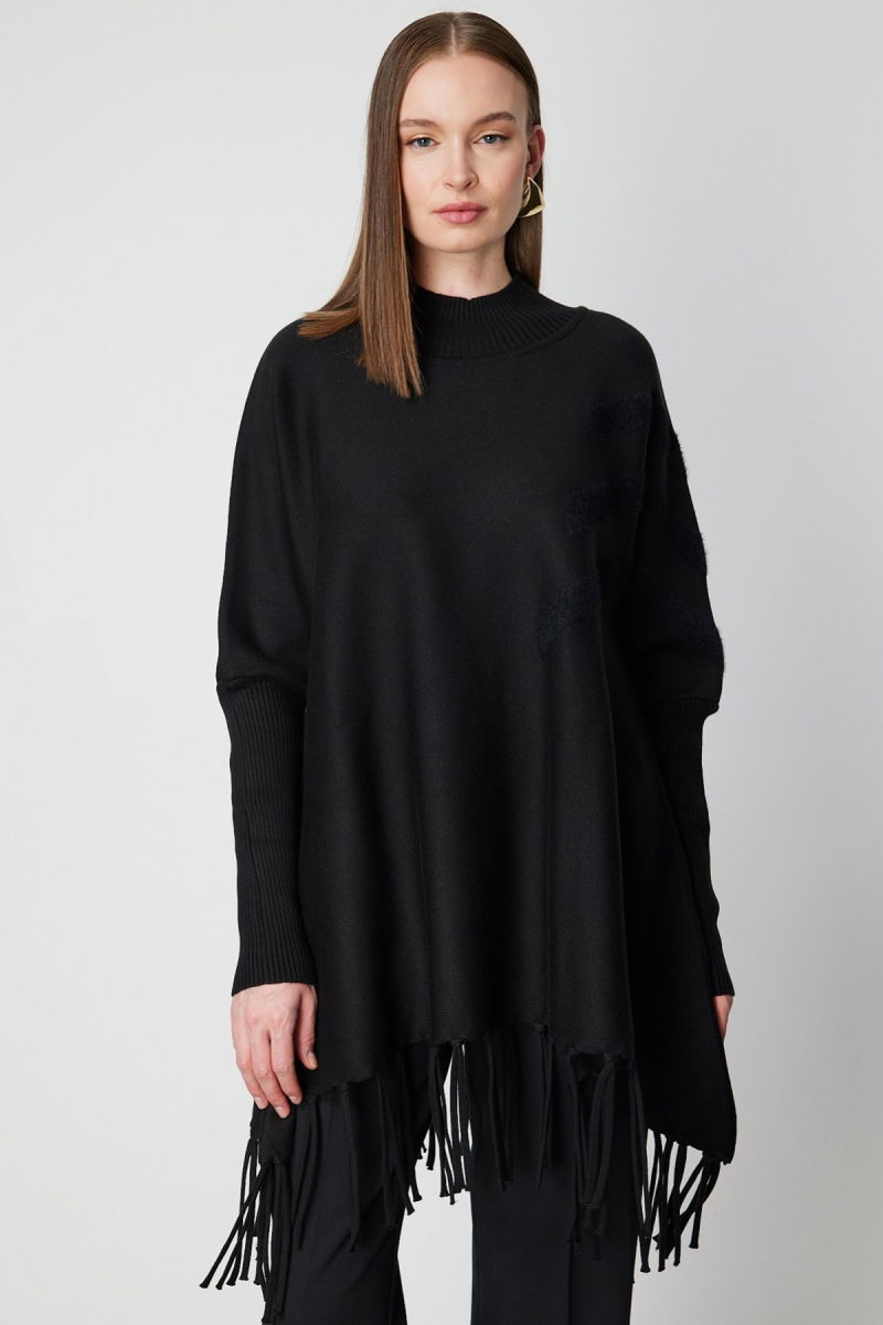 On Kadın Püskül Detaylı Panço 65910 Siyah - On