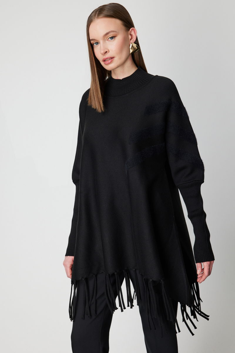 On Kadın Püskül Detaylı Panço 65910 Siyah - 2