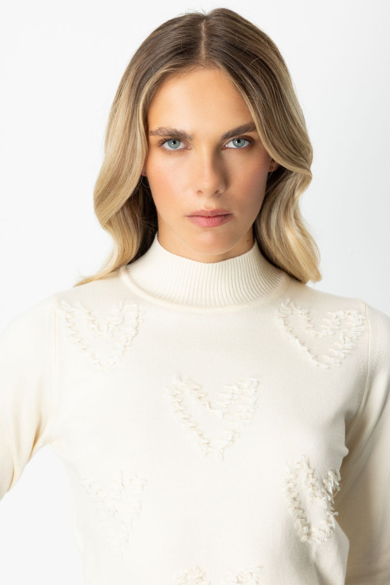 On Kadın Püsküllü Kalp Detaylı Dik Yaka Kazak 65325 Ekru - 3