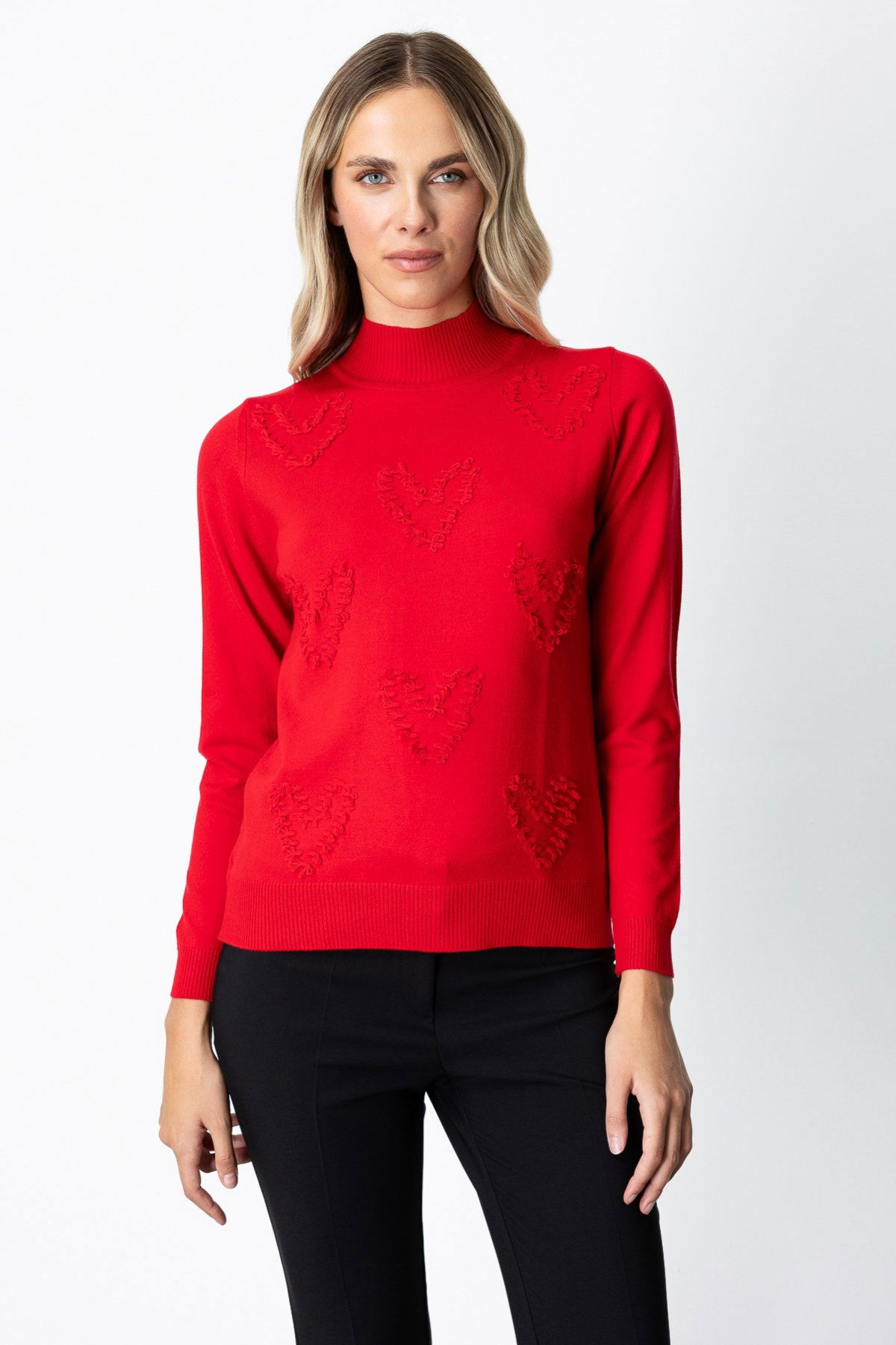 On Kadın Püsküllü Kalp Detaylı Dik Yaka Kazak 65325 Kırmızı - 1