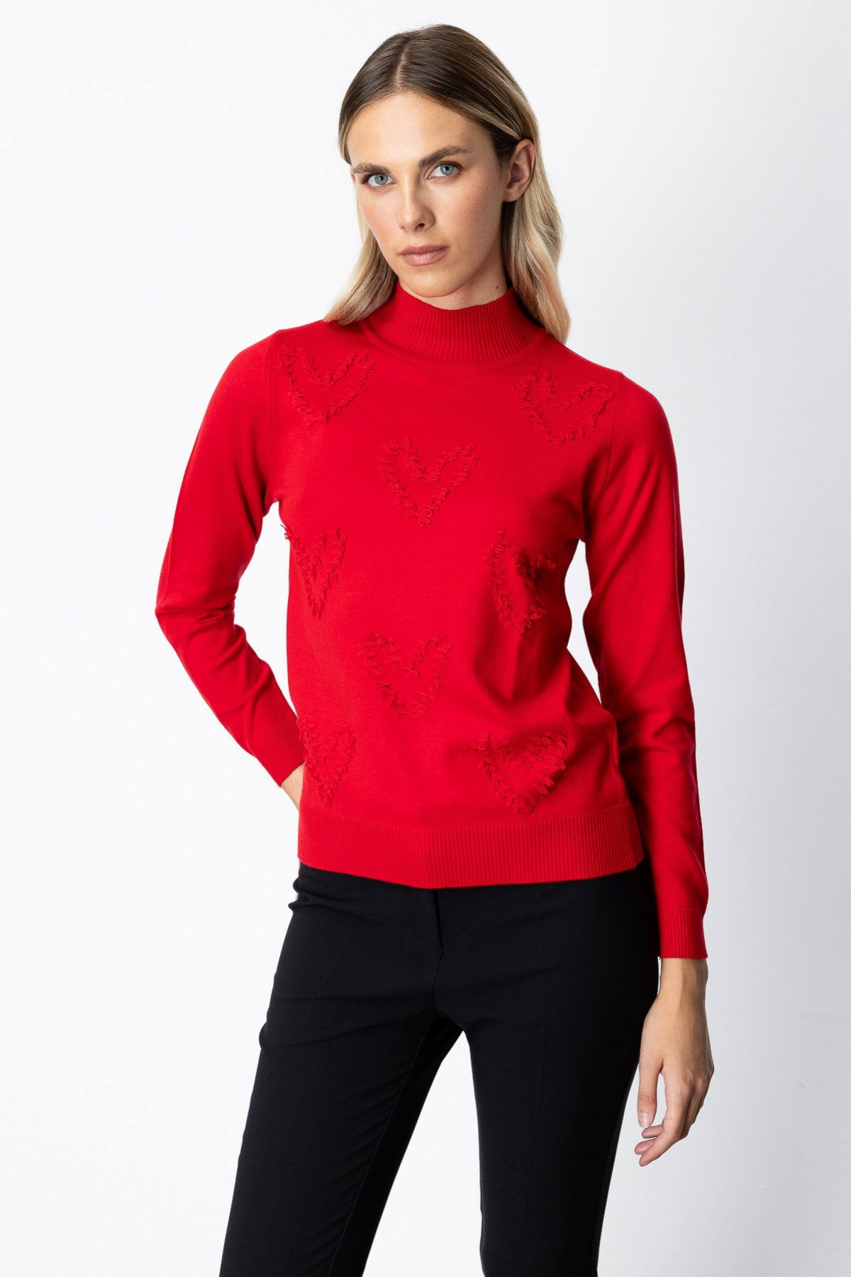 On Kadın Püsküllü Kalp Detaylı Dik Yaka Kazak 65325 Kırmızı - 2