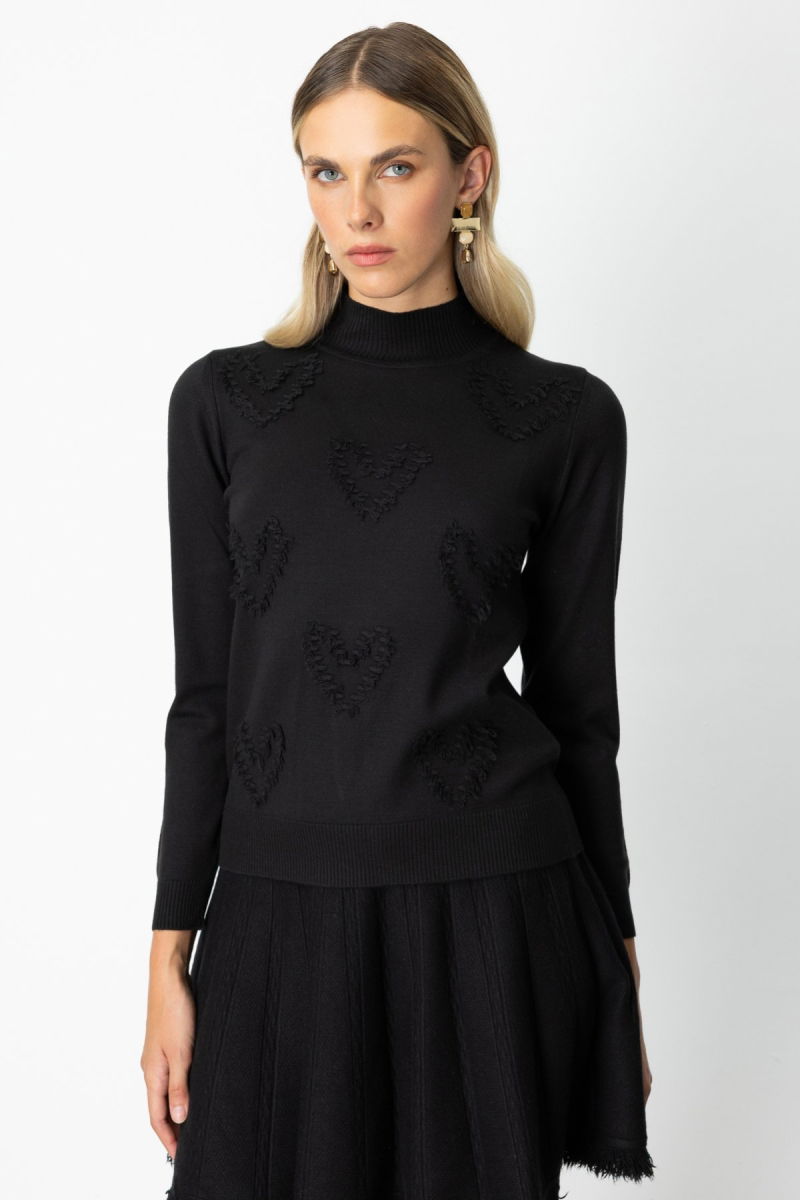 On Kadın Püsküllü Kalp Detaylı Dik Yaka Kazak 65325 Siyah - On