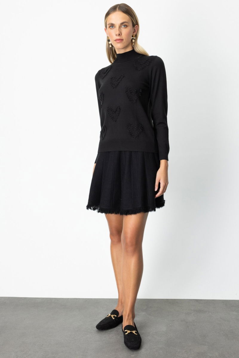 On Kadın Püsküllü Kalp Detaylı Dik Yaka Kazak 65325 Siyah - 3