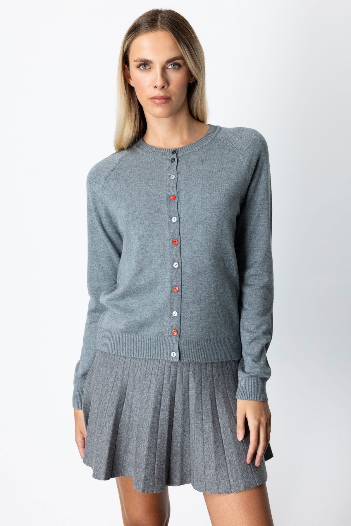 On Kadın Renkli Düğmeli Sıfır Yaka Triko Hırka 65921 Gri - 1