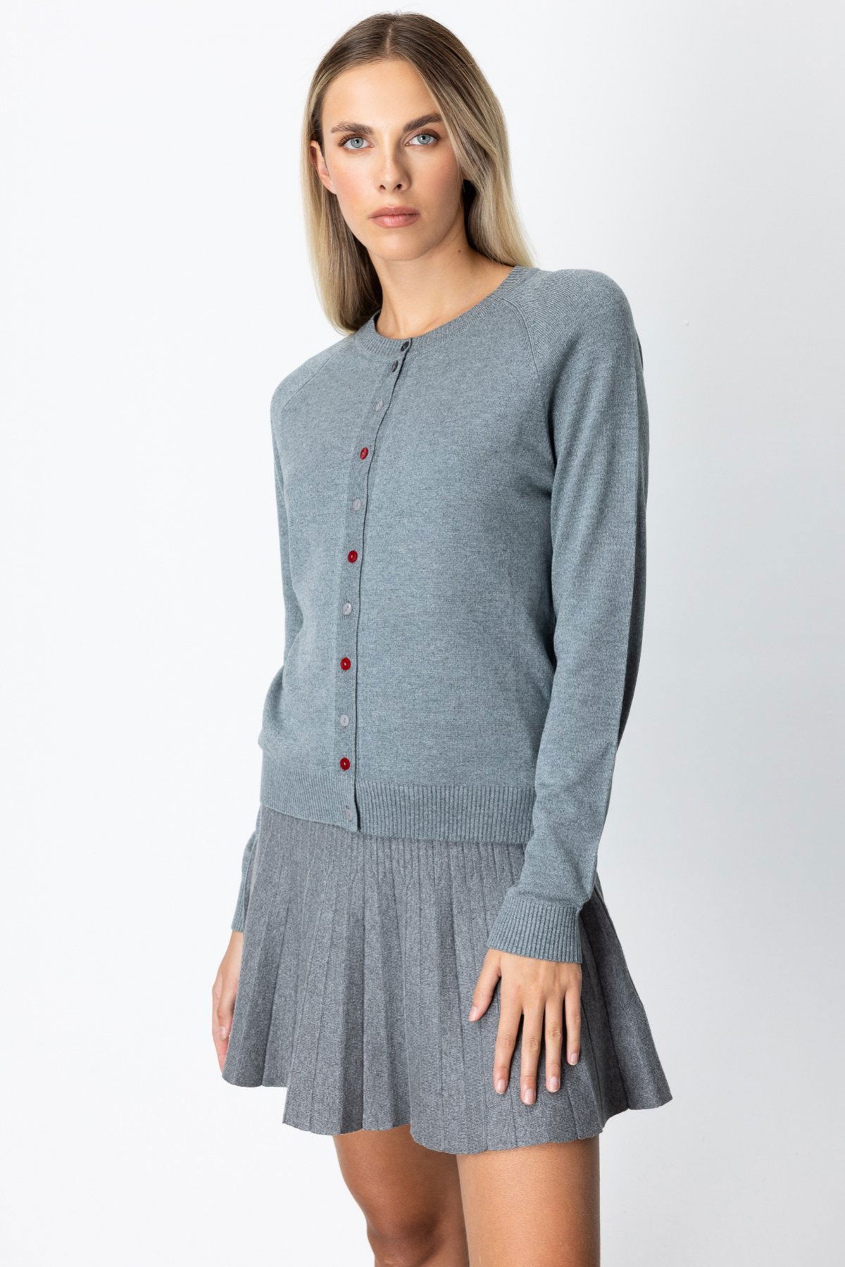 On Kadın Renkli Düğmeli Sıfır Yaka Triko Hırka 65921 Gri - 2