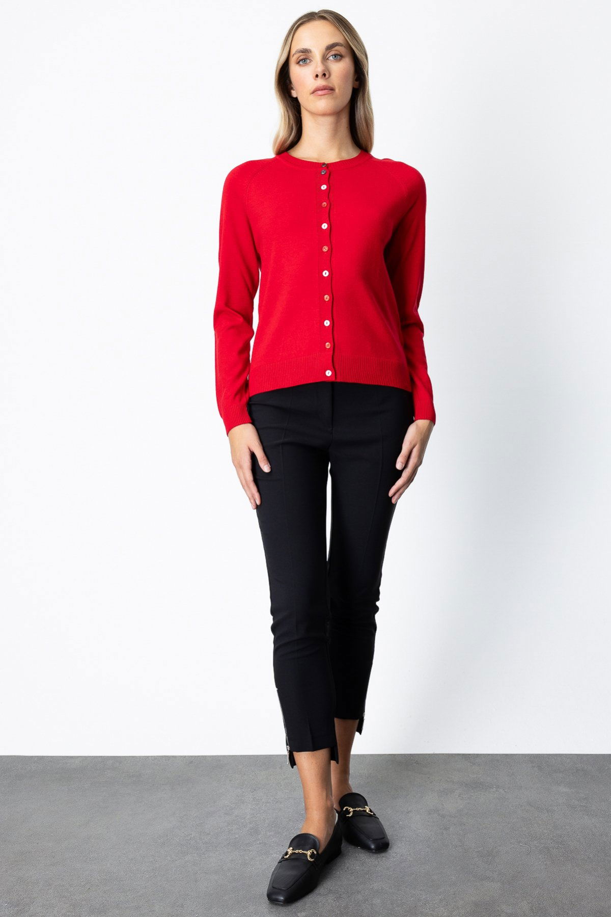 On Kadın Renkli Düğmeli Sıfır Yaka Triko Hırka 65921 Kırmızı - 3