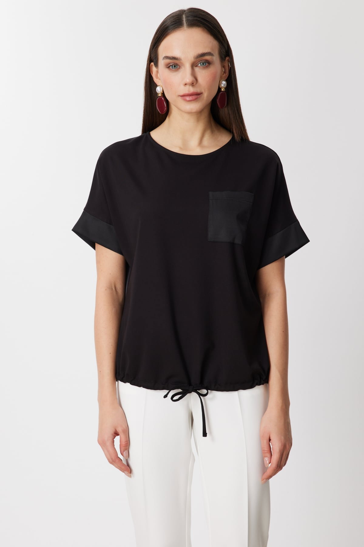 On Kadın Saten Detaylı Bağcıklı T-Shirt 71365 Siyah - 1