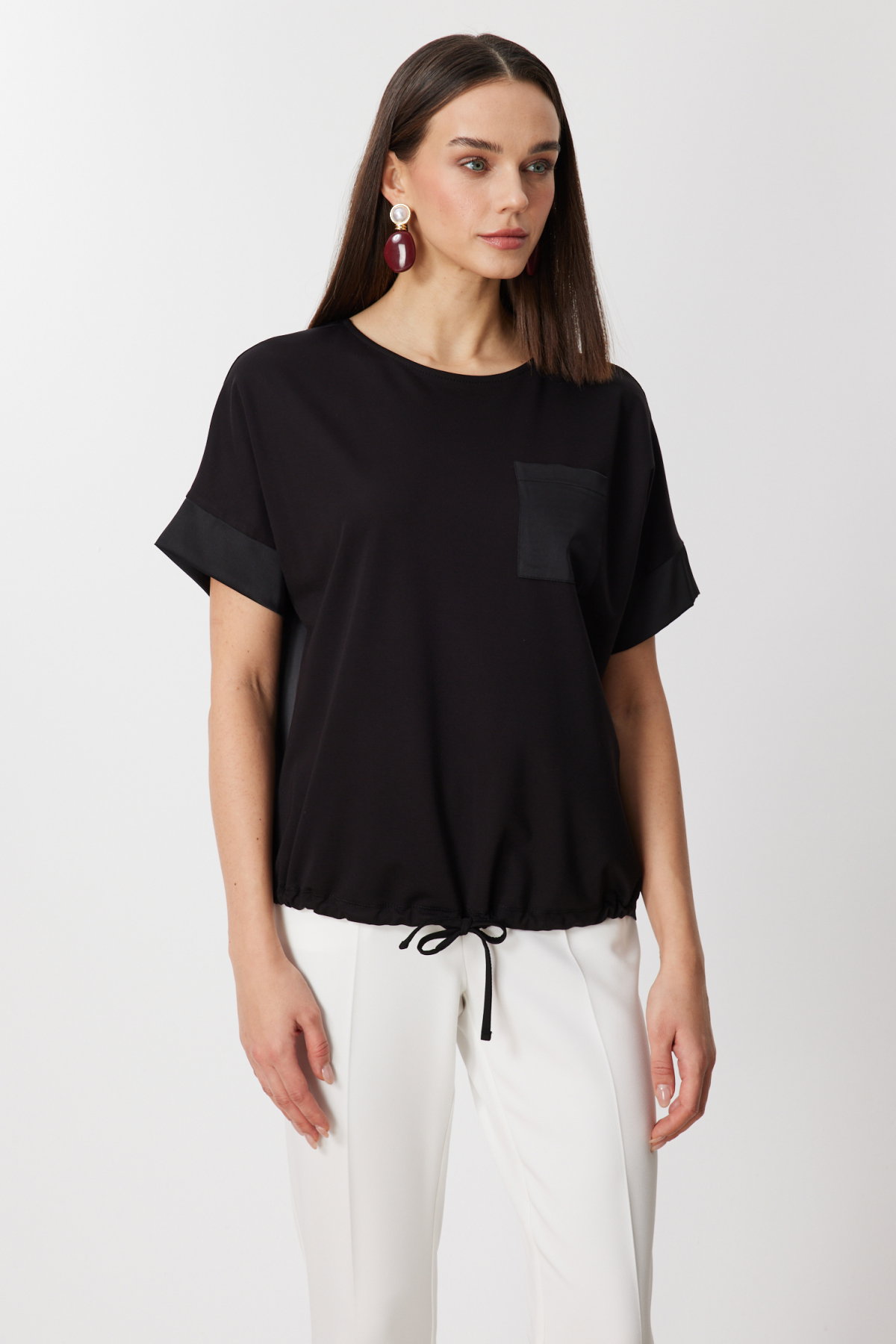 On Kadın Saten Detaylı Bağcıklı T-Shirt 71365 Siyah - 2