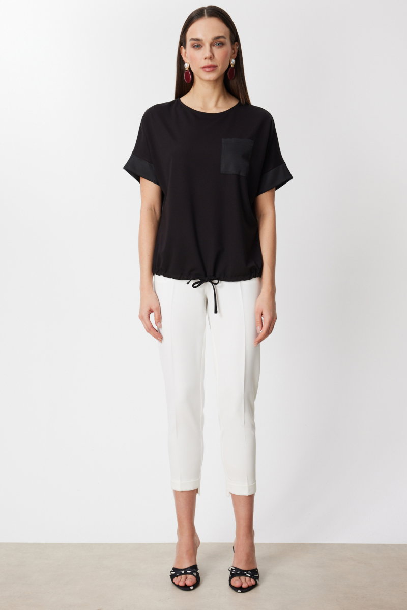 On Kadın Saten Detaylı Bağcıklı T-Shirt 71365 Siyah - 3
