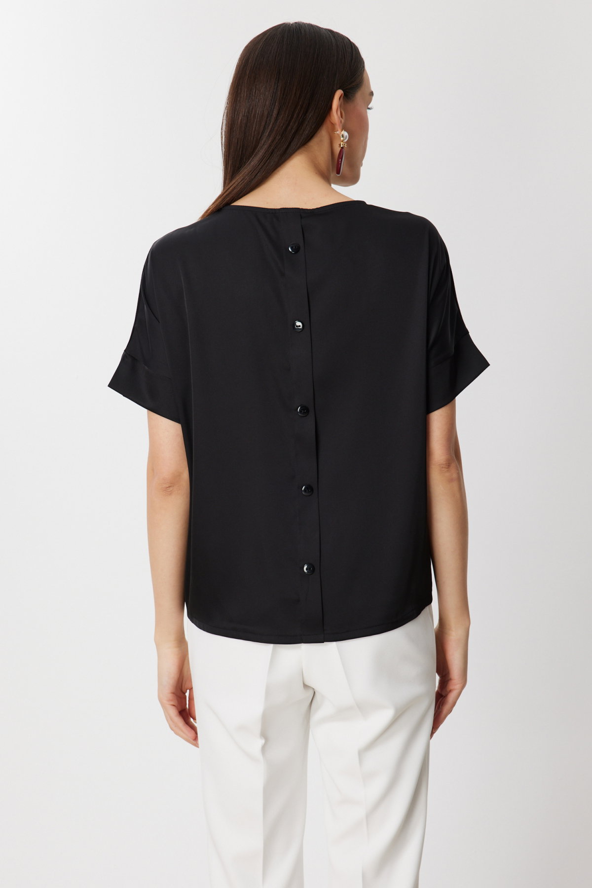 On Kadın Saten Detaylı Bağcıklı T-Shirt 71365 Siyah - 4