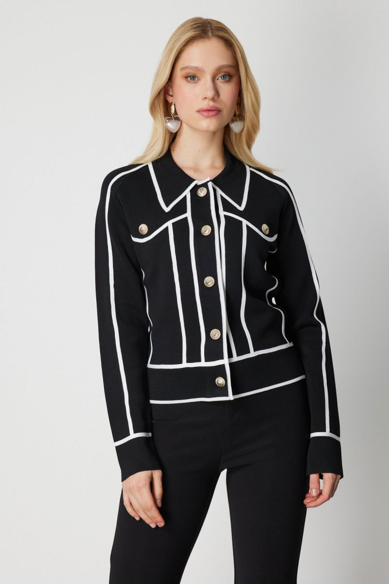 On Kadın Şerit Detaylı Çıtçıt Kapamalı Hırka 69908 Siyah - On