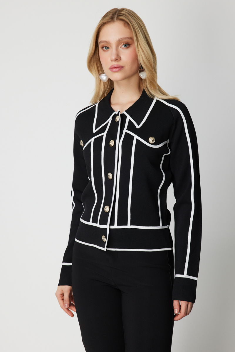 On Kadın Şerit Detaylı Çıtçıt Kapamalı Hırka 69908 Siyah - 2