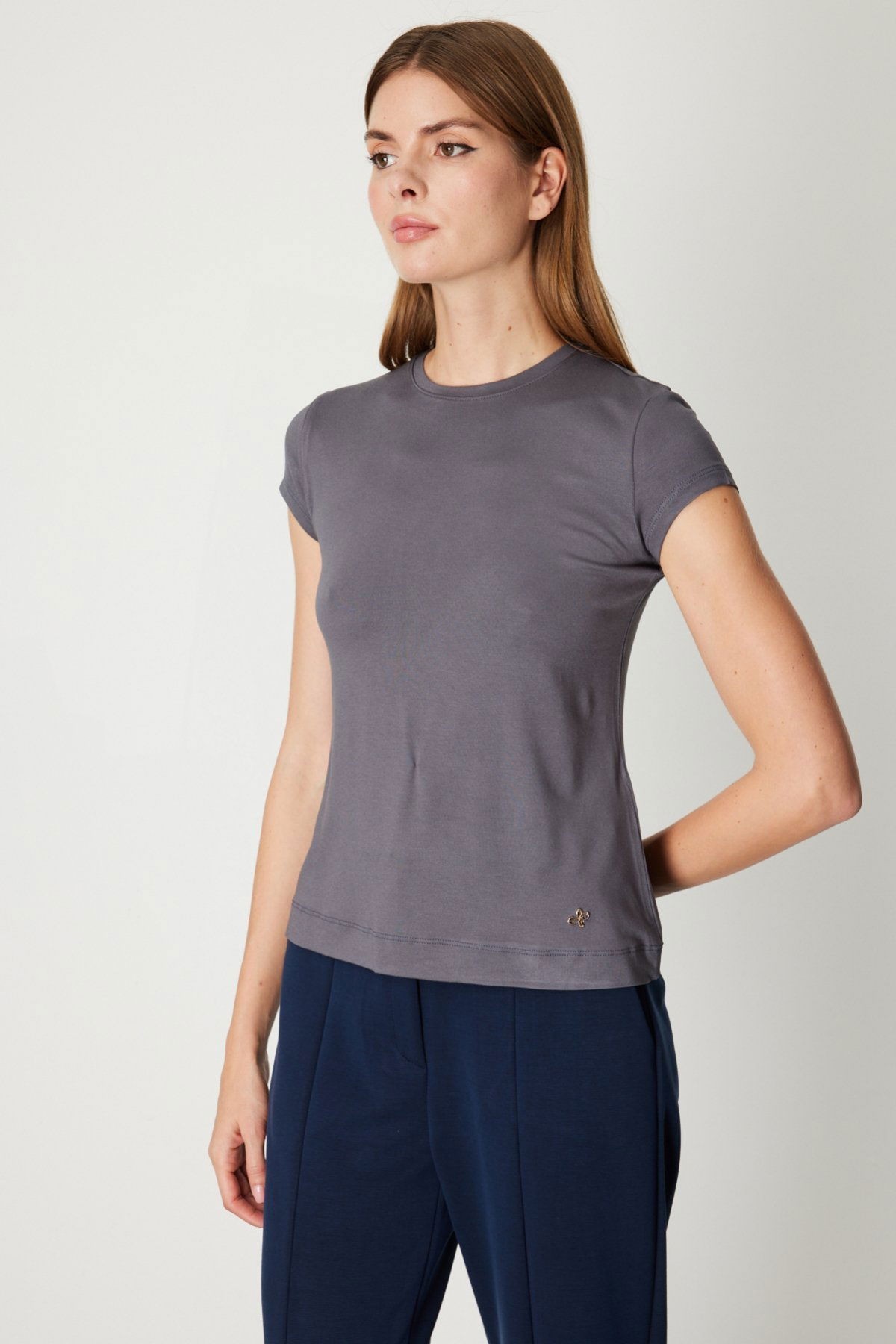 On Kadın Sıfır Yaka Ay Kol Basic Bluz 61302 Antrasit - 2