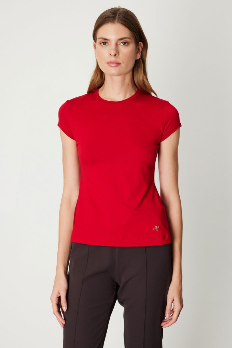 On Kadın Sıfır Yaka Ay Kol Basic Bluz 61302 Kırmızı - On